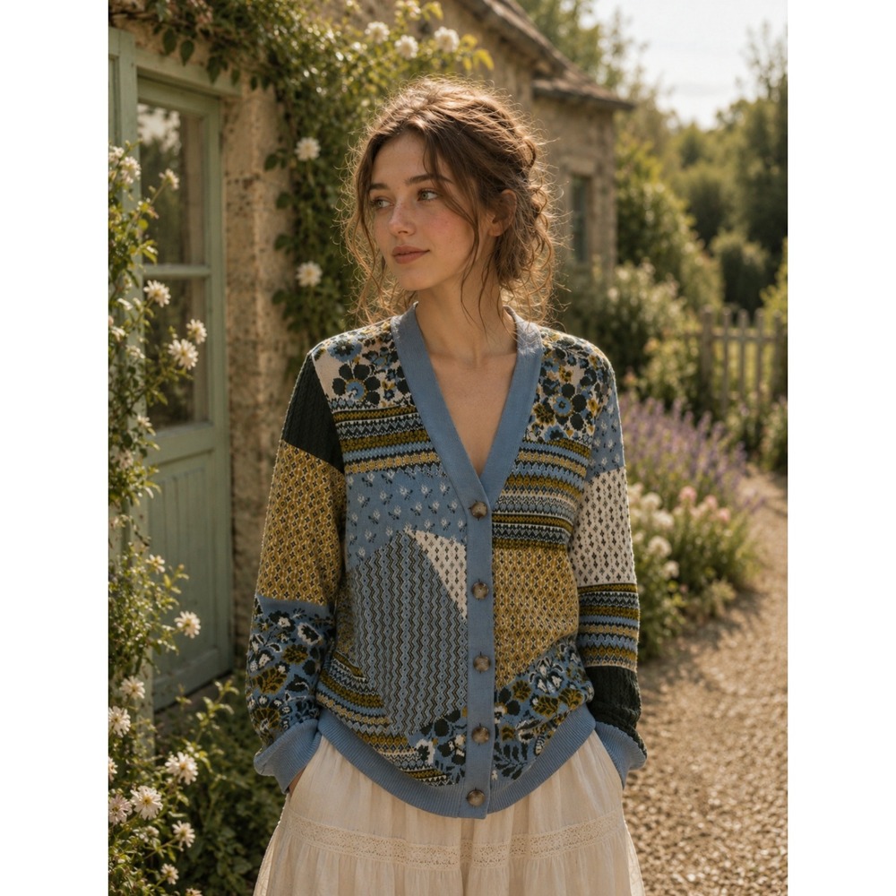 APPLESEED'S Patchwork Cardigan Sweater Floral Fairisle Fair Isle Geometric Large